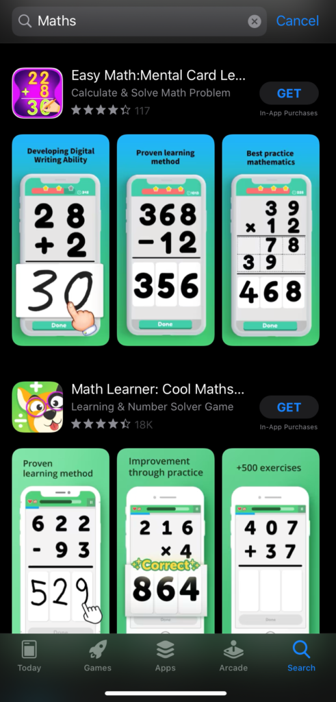 Screenshot of maths games from an app store.