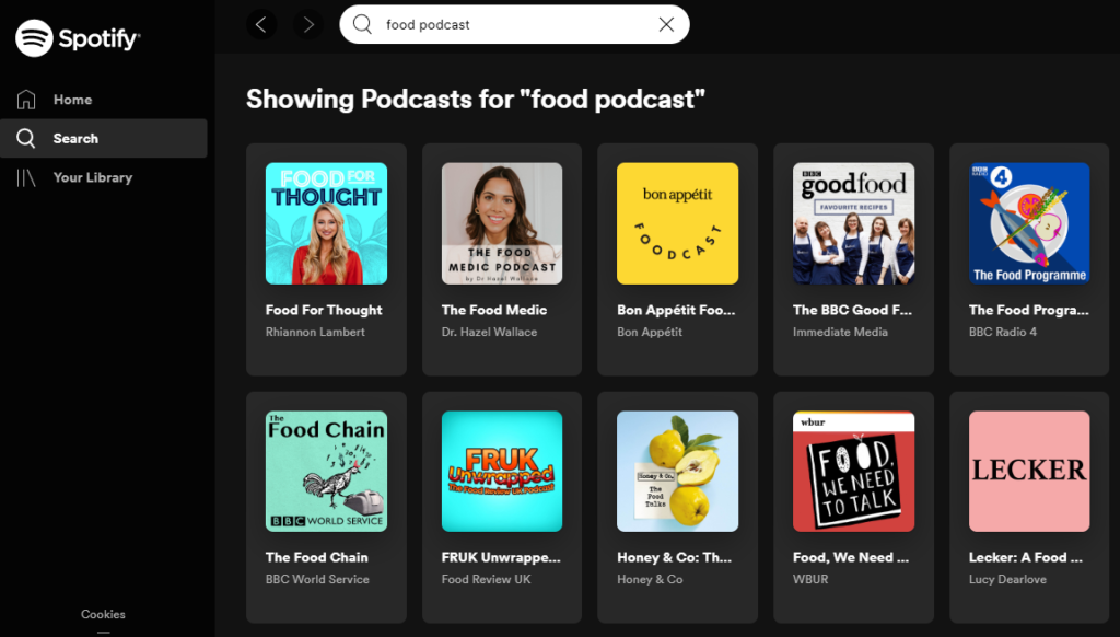 A screenshot from spotify showing a list of food podcasts.